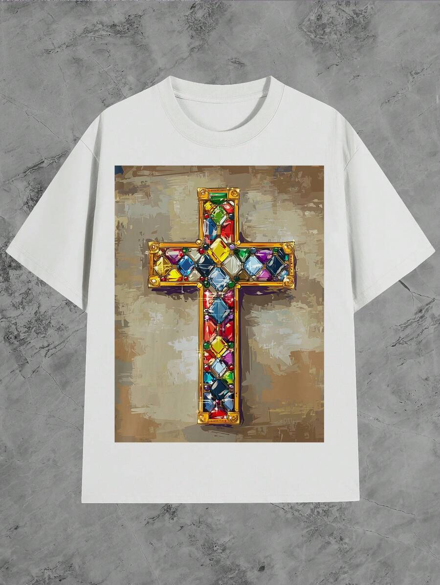 Mysterious Mask Design 100% Cotton Men's Printed T-Shirt Crew Neck Short Sleeved 220g Street Style Graphic Tee Soft And Comfortable Ideal For Casual Outings - 白色 - 查看 1