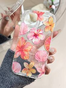 花朵手机壳 1个 水彩芙蓉花、鸡蛋花、贝壳图案 透明软壳 防滑保护套 兼容 11/12/13/14/15 Pro Max 防水防震防摔防刮花 国际版，非国内版 - 彩色 - 查看 2