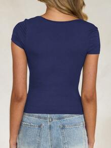 Vaiaye Women's Solid Color Knit Square Neck Sexy Slim Fit Y2K Short Sleeve T-Shirt, Spring/Summer Activewear Top, Suitable For Valentine's Day