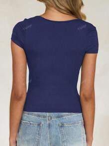 Vaiaye Women's Summer Solid Knitted Square Neck Sexy Slim Fit Y2K Cropped Waist T-Shirt