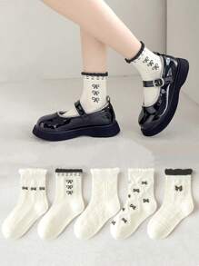 5 Pairs Of Children's Socks, Bow Diamond Checker Square Checker Pattern Girls Four Seasons Style Cute Casual Elegant Style Of Daily Travel To School Can Wear Children's Mid-Tube Socks.