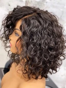 180% 密度短卷发人发假发 适合女孩 4x4 蕾丝闭合短波波头假发 带自然发际线 自然黑色侧分卷发假发 巴西处女雷米头发 预拔漂白结