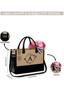 字母印花帆布手提袋套装，含化妆包、洗漱包、钱包、个性化礼品袋，时尚休闲女士单肩包，春夏新品 - 卡其色 - 查看 10