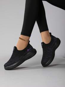 女士时尚黑色休闲一脚蹬增高运动鞋，舒适日常户外徒步轻便袜鞋 - 黑色 - 查看 5