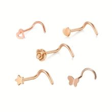 SENLANSP 5pcs Fashionable Stainless Steel Nose Studs In Heart, Star, Rose, Butterfly Designs, Comfortable Daily Wear, Low Allergic Reaction