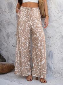 女式波西米亚印花宽松阔腿裤，休闲度假海滩度假长裤，春夏 - 咖底白線條 - 查看 1