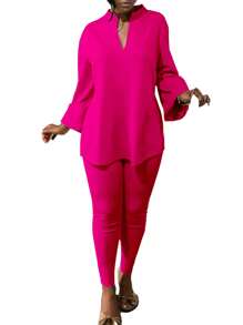 Women's Plus Size Tracksuits Outfits Solid Color V-Neck Long Sleeve Slit Hem Tops With Leggings 2 Pcs Set - Pink - View 2