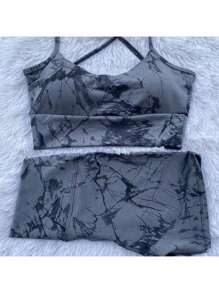 Women's Premium Tie Dye Set Thin Strap Tank Top With Butt Lifting Leggings Shorts High Waist Spandex Fitness Fashion Gym Marble Set - 灰色 - 查看 1