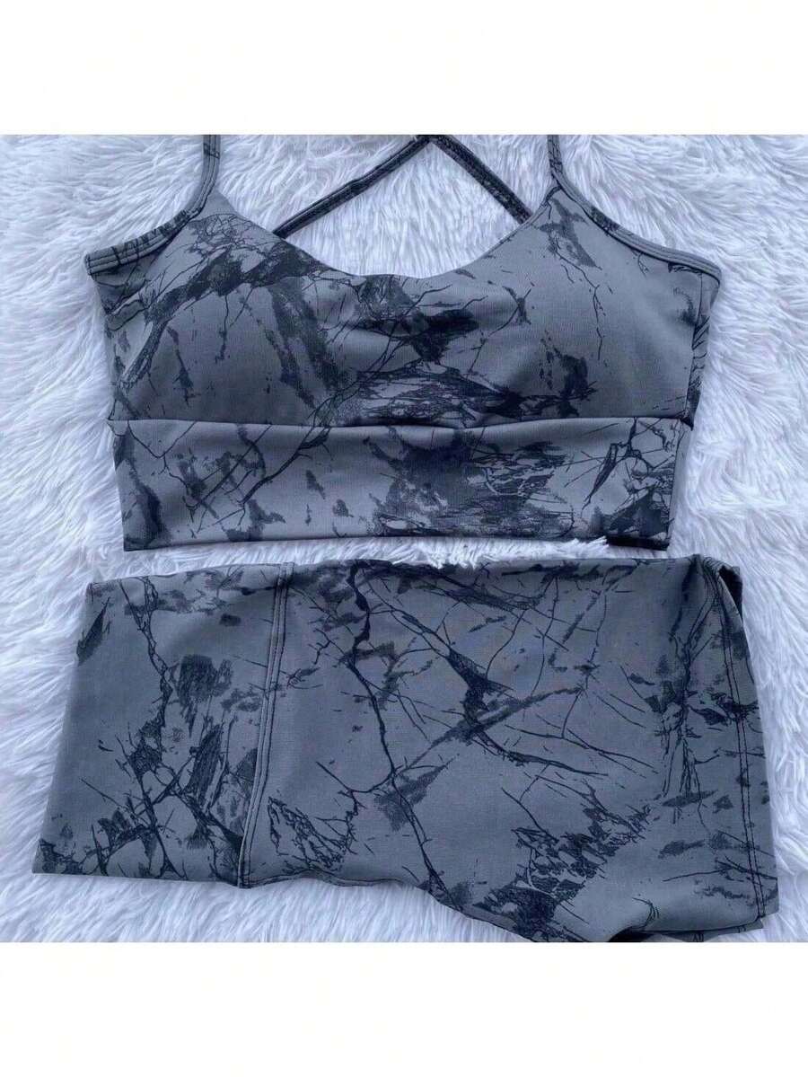 Women's Premium Tie Dye Set Thin Strap Tank Top With Butt Lifting Leggings Shorts High Waist Spandex Fitness Fashion Gym Marble Set - 灰色 - 查看 1