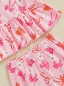 Toddler Baby Girl Summer Outfits Flower Strawberry Bow Pattern Crew Neck Short Sleeve T-Shirt With Shorts 2 Pcs Set - 粉色 - 查看 5