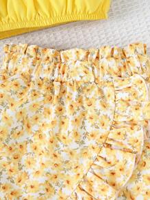 2Pcs/Set Young Girls Solid Color Spaghetti Strap Off Shoulder Short Sleeve Top And Floral Print Ruffle Hem Mini Skirt, Summer - Yellow - View 6