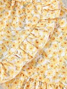 2Pcs/Set Young Girls Solid Color Spaghetti Strap Off Shoulder Short Sleeve Top And Floral Print Ruffle Hem Mini Skirt, Summer - Yellow - View 7