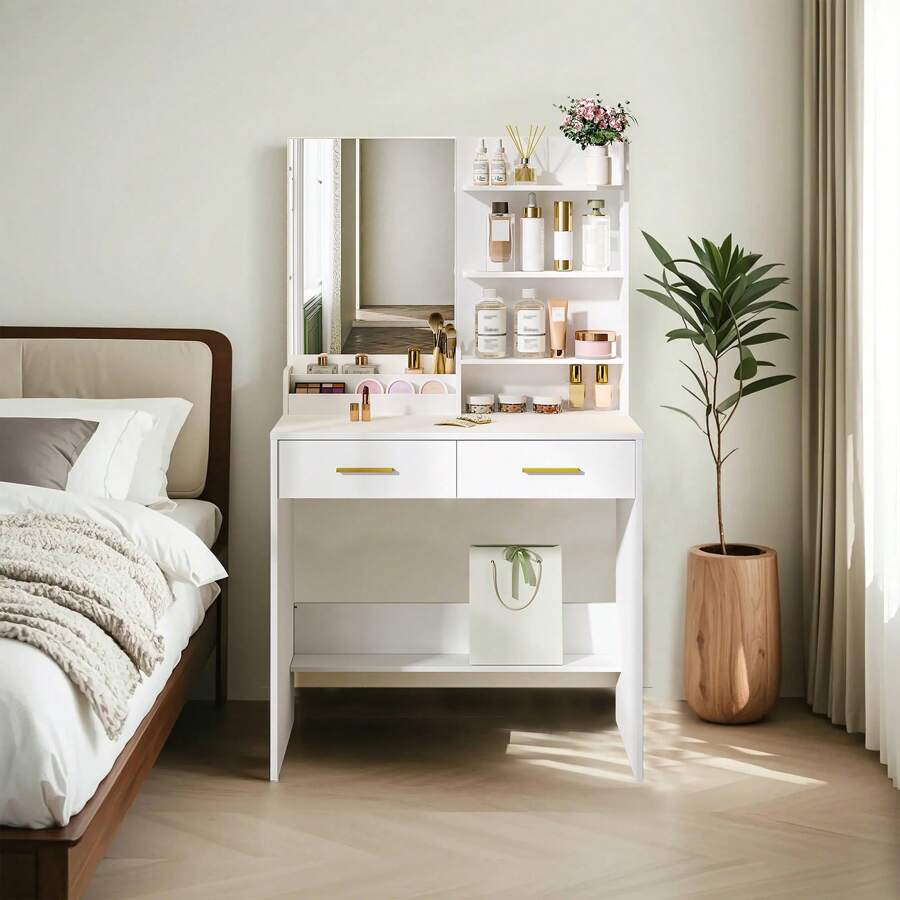 HEXCELEN Dressing Table With Mirror, Dressing Table With 4 Open Shelves And 2 Compartments, Dressing Table With 2 Drawers, For Bedroom, Living Room - White - View 1