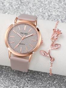 Bộ 6 sản phẩm/Bộ thắt lưng nữ + Đồng hồ thạch anh mặt số họa tiết cổ điển + Vòng tay kết hợp, Không bao gồm hộp đựng đồng hồ - Nhiều màu - Xem 5