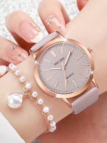 Women's Leather Strap Minimalist Casual Matte Dial Classic Elegant Quartz Watch + Pearl Jewelry Set (5pcs/Set) Watch Box Not Included - Grey - View 2
