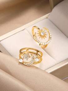 Gold Color Star Moon Zirconia Ring For Women Aesthetic Adjustable Open Finge Ring Jewelry Accessories ﻿