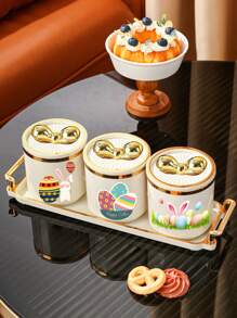 4pcs (3 Jars In 1 Tray) Easter Rabbit Plastic Multifunctional Storage Jar Sealed Jar Living Room Restaurant Kitchen Tray Set For Cereals, Candies, Biscuits, Bread, Suitable For Outdoor Weddings, Parties, Gifts, Birthdays - Multicolor - View 6