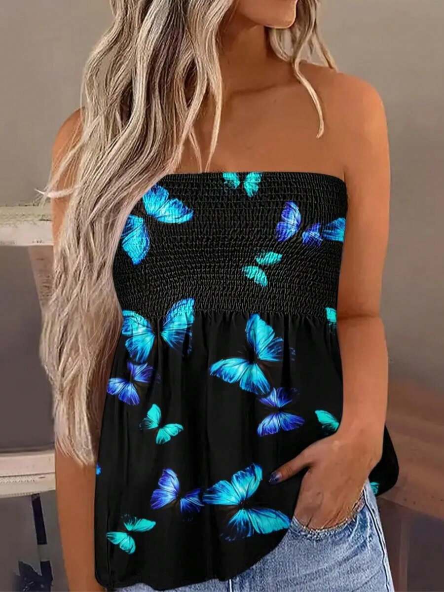 Fox Claw Women Floral Smocked Ruffled Bandeau Top Strapless Backless Summer Sleeveless Loose Holiday Blouse