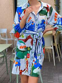 Women Abstract Graffiti Placement Print Short Dress - Multicolor - View 5