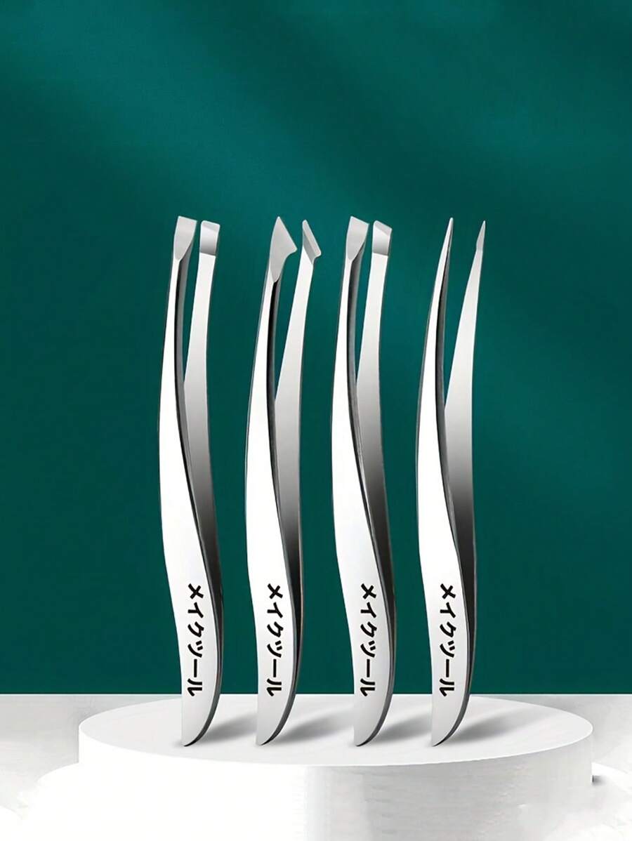 4pcs Stainless Steel Tweezers Set - Precision Eyebrow, Nose & Face Hair Removal Tools With Banana Clip Design, Fragrance-Free Professional Beauty Accessories