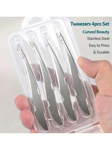 4pcs Stainless Steel Tweezers Set - Precision Eyebrow, Nose & Face Hair Removal Tools With Banana Clip Design, Fragrance-Free Professional Beauty Accessories