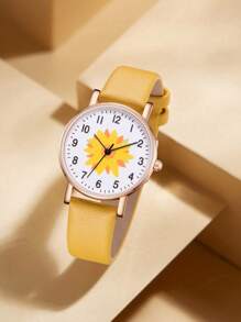 5PCS Yellow PU Leather Strap Women's Watch Set Fashion Fresh And Simple Ins Style Flower Flower Flower Element Dial Quartz Watch Bracelet Set For Her Holiday Gift - Yellow - View 4