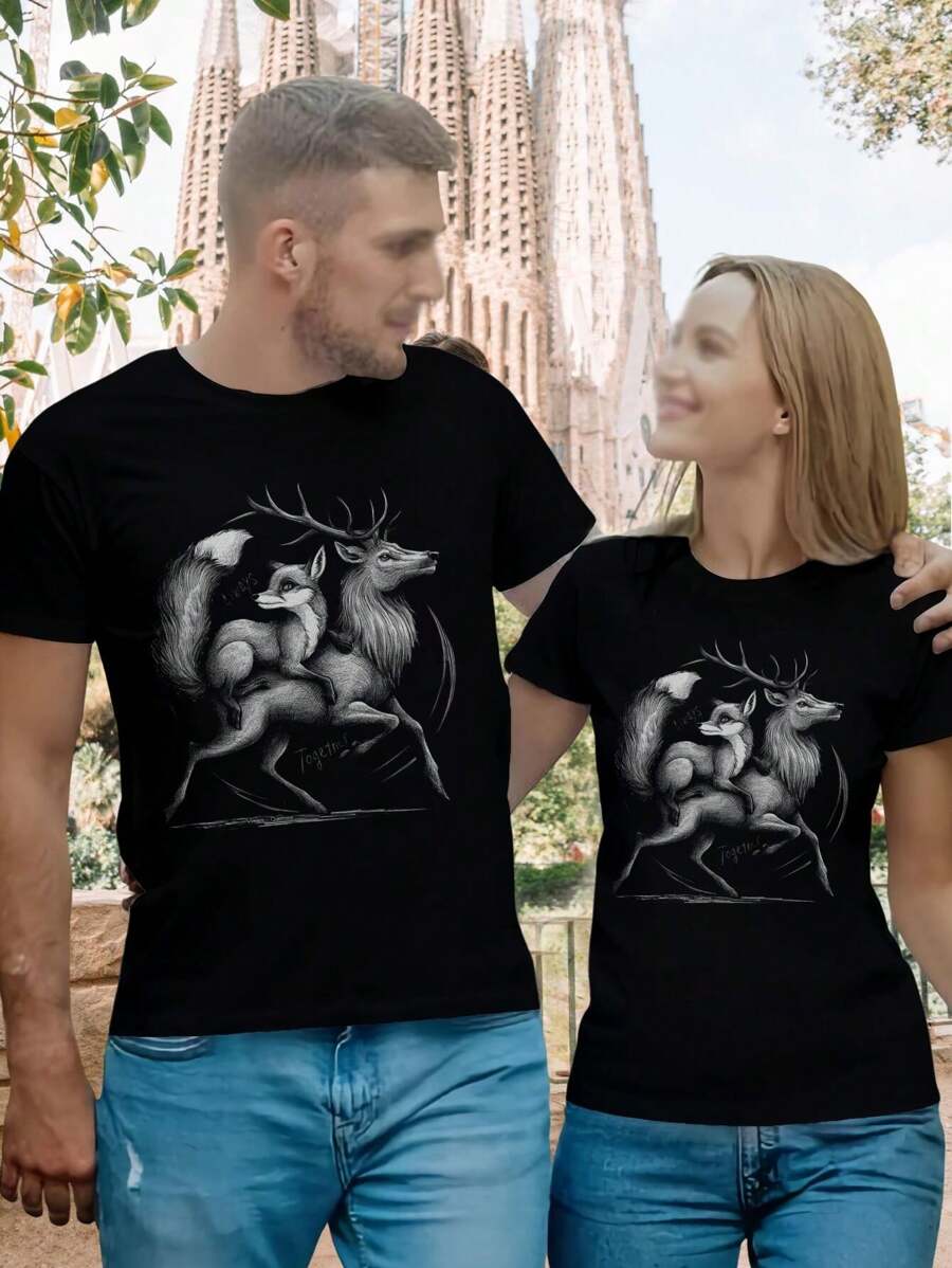 Valentine's Day Vixen Stag Couple T-Shirt - Matching Shirts For Her Ladies' Tee Cute Valentine's Day Gift - Black - View 1