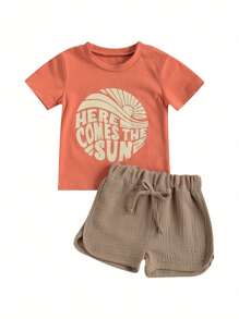 Toddler Baby Boy Clothes Set Pattern Printing Two-Pieces Shorts Set Infant Boys O-Neck Short Sleeve T-Shirt Tops + High Waist Shorts Set Summer Outfit - Màu Khaki - Xem 1