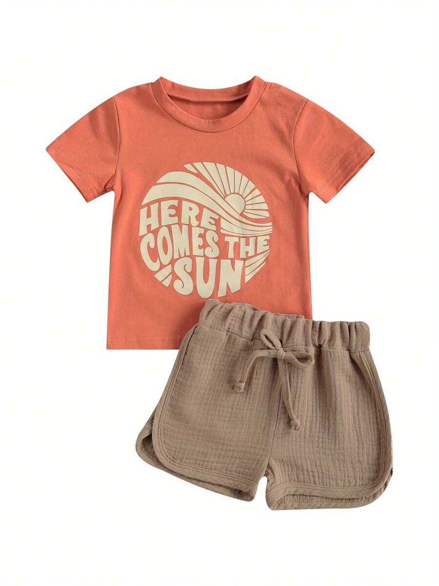 Toddler Baby Boy Clothes Set Pattern Printing Two-Pieces Shorts Set Infant Boys O-Neck Short Sleeve T-Shirt Tops + High Waist Shorts Set Summer Outfit - Màu Khaki - Xem 1