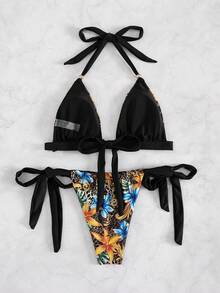 Set de 2 piezas Nuevo bikini de mujer con estampado floral tipo halter, estilo europeo y americano, para vacaciones de verano en la playa