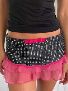 Womens Y2K Lace Mini Skirt Low Rise Pleated Ruffle Half Slip Skirt Mesh Floral Layered Short Skirts Underskirt Fairycore Bow Front A-Line Skirts Cute Summer Skirts Beach Vacation Clothes Vintage Aesthetic Club Streetwear - 黑色 - 查看 2