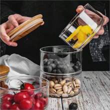 1pc Premium Salad Bowl With 1-4 Layer Stackable Design For Good Storage. Made Of High Borosilicate Glass With Bamboo Wood Lid For Airtight Seal. Fashion Salad Bowl For Salad, Fruit, Dried Fruit, Candy, Snacks Storage & Decoration. Suitable For Home, Kitchen, Office, Students, Picnic, Camping, And Party Use.