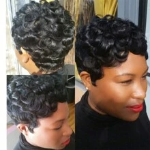 Tóc giả bằng tóc thật ngắn 6 inch - Kiểu tóc xoăn Pixie thanh lịch không ren, mật độ 150%, mũ lưới hoa hồng không keo - Quà tặng năm mới lý tưởng cho mẹ - màu đen - Xem 8