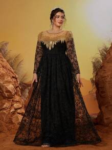 Anpoket Plus Size New Arrival Round Neck Evening Gown Dress, Embroidery Flower Long Dress, Party Dress, Wedding Guest Dress, Formal Dress - Black - View 4
