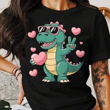 Cute Dinosaur Graphic Tee, Dinosaur With Sunglasses T-Shirt, Prehistoric Themed Casual, Fun Heart Dinosaur Tee