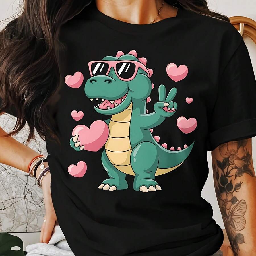 Cute Dinosaur Graphic Tee, Dinosaur With Sunglasses T-Shirt, Prehistoric Themed Casual, Fun Heart Dinosaur Tee