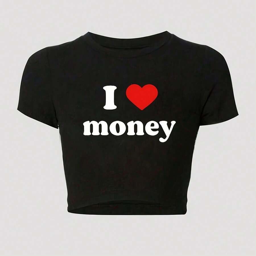 I Love Money Print Crew Neck T-Shirt, Y2K Short Sleeve Crop Top For Spring & Summer, Women's Clothing - 黑色 - 查看 1