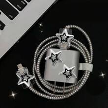5 件套星形/心形/天使英式数据线保护套，适用于 Apple 充电器和数据线，兼容高达 20W 的 充电器，防止断裂 - 656五角星-銀-白 - 查看 2