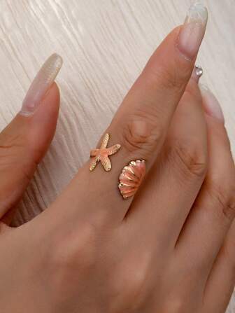 1 件珐琅夏季假期海星贝壳夏季开口可调节戒指女士