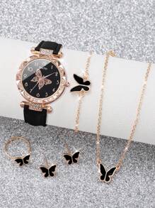 6pcs/Set Women's Minimalist Butterfly & Numberic Dial Quartz Wrist Watch + Butterfly Jewelry Set, Excluding Watch Box - Black - View 3