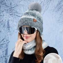 Women Winter Beanie Hat Circle Scarf Set Pompoms Peruvian Ski Snow Ear Flaps Sherpa Knit Hats Fleece Lined