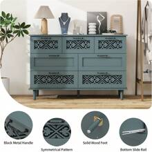 7 Drawers Dresser For Bedroom - Accent Dresser With Hollow Carved Drawers, Wood Chest Of Drawers, Wide Dressers With Drawer For Living Room, Dining Room, Hallway (Green)