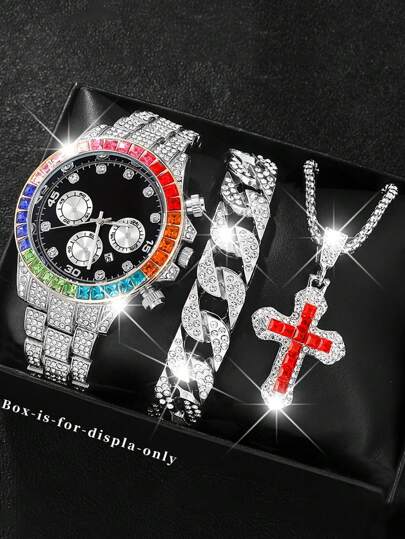 3PCS Luxury Rhinestone Day-Date Display Stainless Steel Silver Men's Quartz Watch, Silver Stainless Steel Strap, Multi-Color Rhinestone Dial Fashion Personalized Style Quartz Watch, Sparkling Statement Accessory​ +Fashion Jewelry Set, Daily Decoration, The Best Gift For Friend