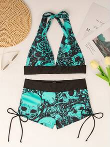 Skeleton Print Color Block Bikini Swimwear With Conservative Square Cut Bottoms, 2 Pieces Set - Green - View 2