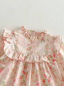 春季花朵图案女童连衣裙，休闲舒适，优雅年轻女士，粉色 - 粉色 - 查看 4