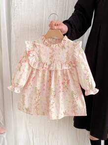 春季花朵图案女童连衣裙，休闲舒适，优雅年轻女士，粉色 - 粉色 - 查看 11