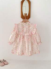 春季花朵图案女童连衣裙，休闲舒适，优雅年轻女士，粉色 - 粉色 - 查看 3