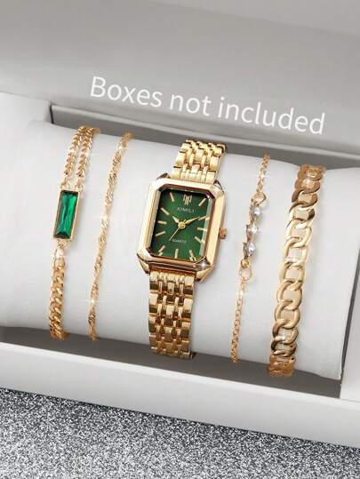 5 pièces/set Montre-bracelet à quartz avec cadran carré pour femme avec bracelet en acier + bracelet, design classique, sans boîte de montre incluse