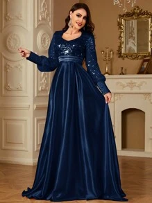 hezixi Contrast Sequins Satin Organza Long Sleeve V-Neck Maxi A-Line Formal Evening Gown Maxi Dress, Party Dress, Wedding Guest Dress - Navy Blue - View 2