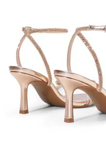 Women Double Bowknots Heeled Sandals Open Square Toe Ankle Strap Crystal Rhinestone Dress Sandals For Party Wedding - Rượu sâm banh - Xem 6